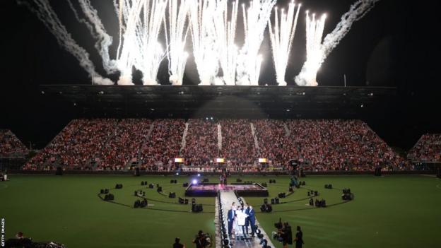 A fireworks show  during the unveiling of Lionel Messi