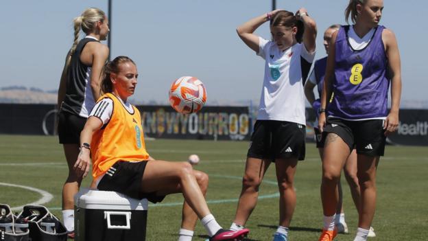 Wales forward Kayleigh Green juggles the ball during training in the USA