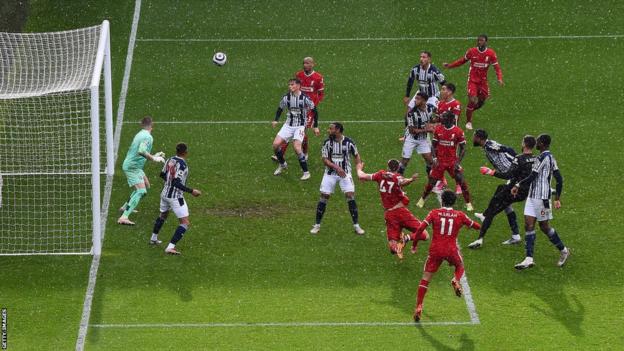Alisson scores for Liverpool against West Brom in May 2021