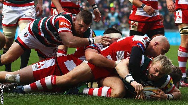 Luke Hamilton scores for Leicester against Gloucester