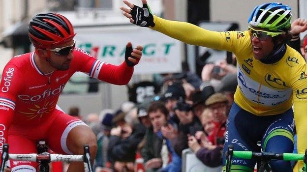 Nacer Bouhanni and Michael Matthews clash at the end of the second stage of Paris-Nice