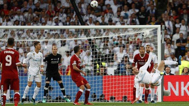 Gareth Bale's acrobatic effort   flies into the Liverpool net