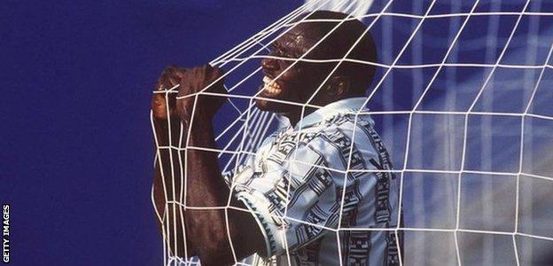 Nigeria's Rashidi Yekini celebrates a goal against Bulgaria at the 1994 World Cup in the USA