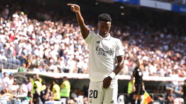 Vinicius Junior of Real Madrid celebrates his goal during La Liga