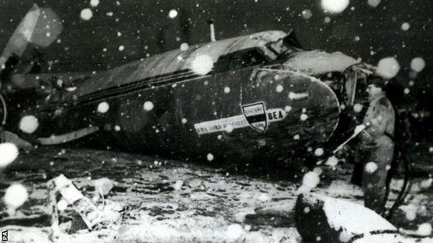 The wreckage of the 1958 Munich air disaster
