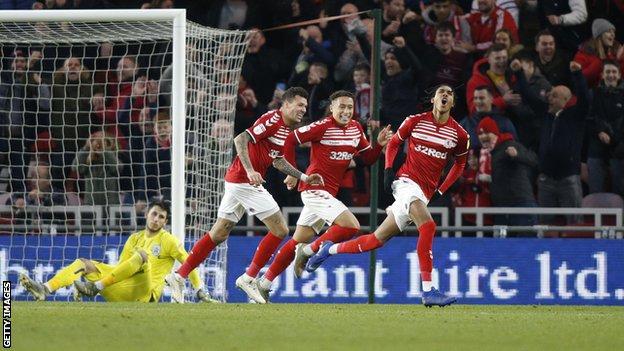 Djed Spence celebrates scoring for Middlesbrough against Huddersfield