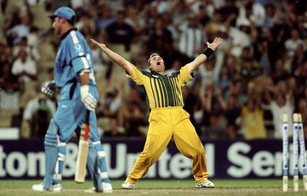 Shane Warne of Australia celebrates the wicket of Nasser Hussain of England in the first final of the Carlton and United One Day Series at the Sydney Cricket Ground in 1999