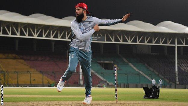 England all-rounder Moeen Ali plays bowls during training in Pakistan