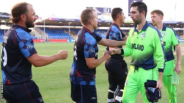 Ireland skipper Andrew Balbirnie congratulates Namibia's players after their shock win over the Irish at the T20 World Cup in October