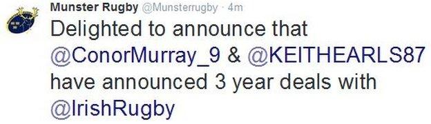 Munster announce the contracts on Twitter