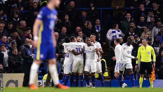Real Madrid's players celebrate against Chelsea in the Champions League at Stamford Bridge
