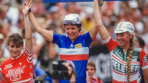 Jeannie Longo, Valerie Simmonet and Inga Thompson on the podium following the Vail Criterium stage of the 1985 Coors International Bicycle Classic in Colorado in August 1985
