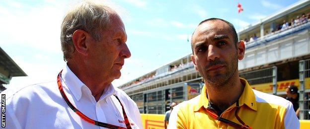 Red Bull consultant Dr Helmut Marko and Renault's Cyril Abiteboul