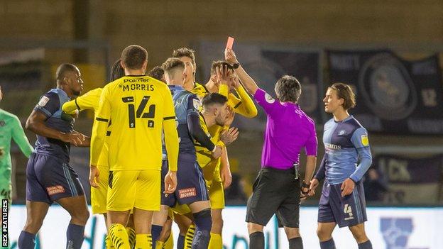 Alex Mowatt was sent off in the 73rd minute of Barnsley's win against Wycombe on Wednesday