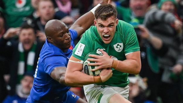 Garry Ringrose scores a try in Ireland's Six Nations win over France earlier this year