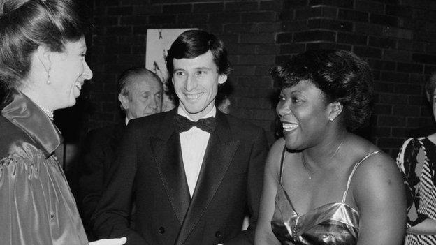 Princess Anne talking with Olympic medallists Sebastian Coe and Tessa Sanderson in 1984