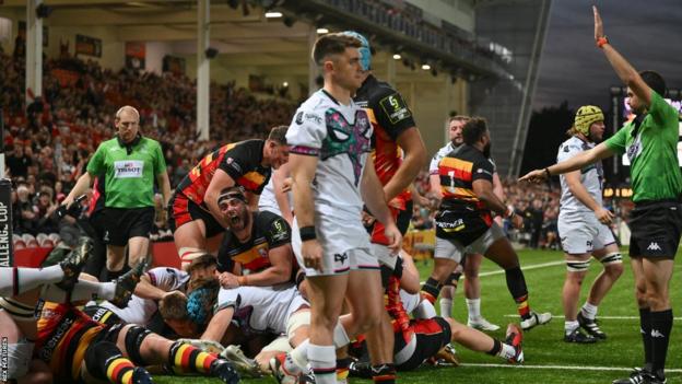 Gloucester celebrate scoring a try against Ospreys in their European Challenge Cup quarter-final