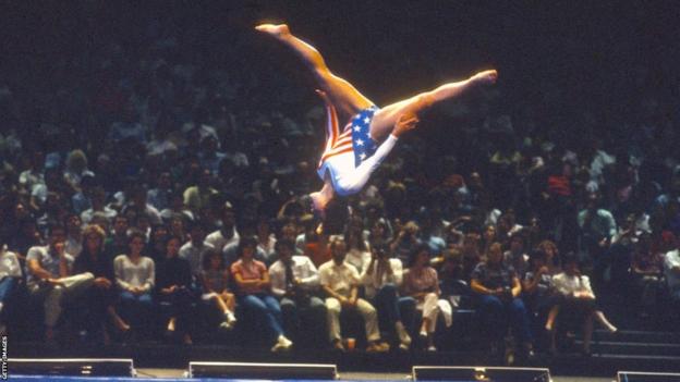 Mary Lou Retton competes on the floor at the 1984 Olympic Games