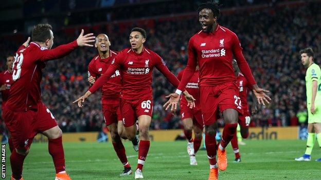 Divock Origi and Liverpool team-mates celebrate their comeback against Barcelona in the Champions League