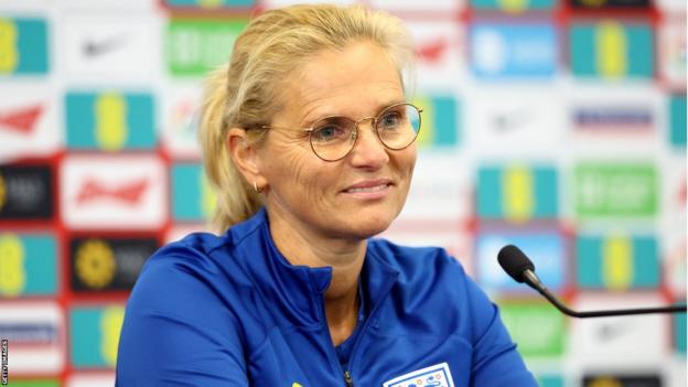 England boss Sarina Wiegman at a news conference on the eve of the Lionesses game with Portugal