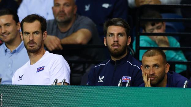 Andy Murray, Cameron Norrie and Dan Evans watch on during GB's tie against Kazahkstan