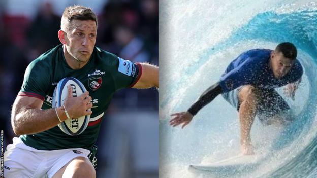 Spit image of Jimmy Gopperth in action for Leicester Tigers and surfing a wave