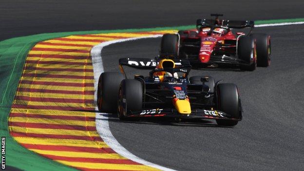 Max Verstappen of Red Bull leads Charles Leclerc of Ferrari during the F1 Grand Prix of Belgium at Circuit de Spa-Francorchamps on August 28, 2022 in Spa