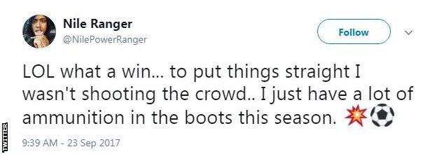 Nile Ranger's tweet after scoring at Fleetwood, in which he says he has 'ammunition in the boots'