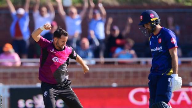 Somerset's Lewis Gregory celebrates beating Essex in the T20 Blast