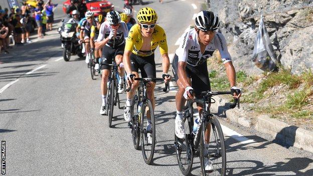 Team Sky's Egan Bernal leads Geraint Thomas and Chris Froome up a climb at the 2018 Tour de France