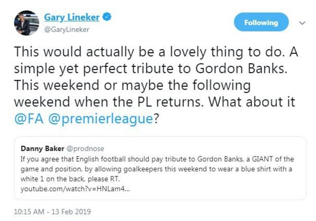 Gary Lineker supporting campaign to have goalkeepers wear Banks shirts