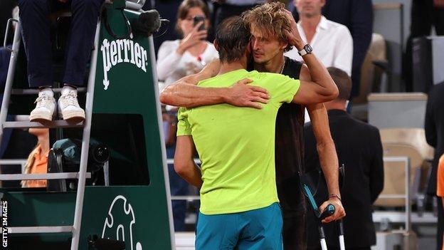 Rafael Nadal and Alexander Zverev hug after their French Open semi-final