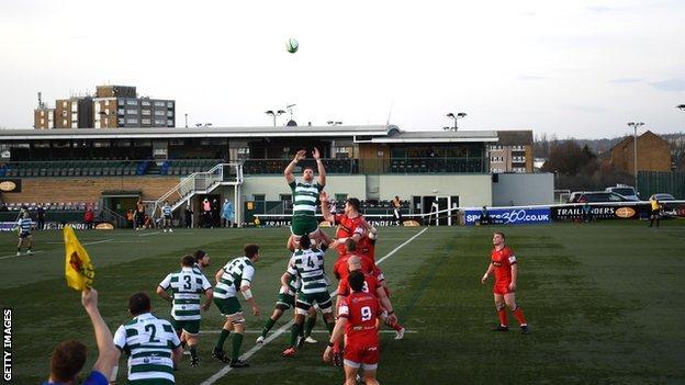 General view of play during the Trailfinders Challenge Cup match between Ealing Trailfinders and Doncaster Knights