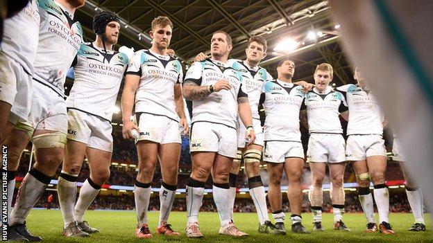 Paul James talks to his Ospreys team-mates following defeat against Cardiff Blues