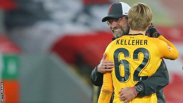 Jurgen Klopp hugs Caoimhin Kelleher