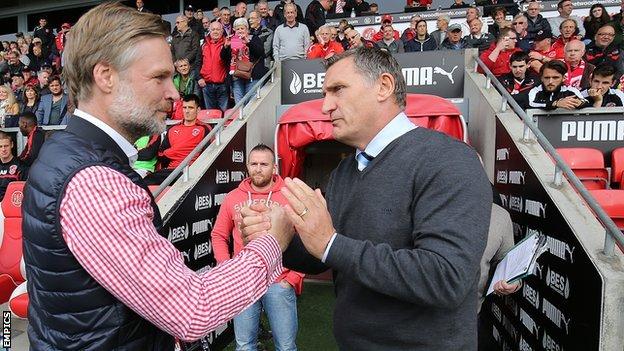 Former Coventry City manager Steven Pressley is greeted warmly by his Sky Blues successor Tony Mowbray before kick-off at the Highbury Stadium