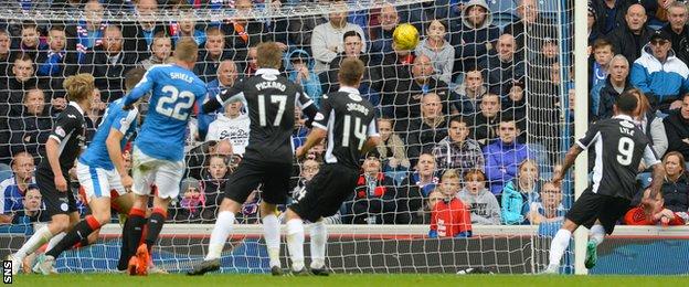 Derek Lyle scores for Queen of the South against Rangers