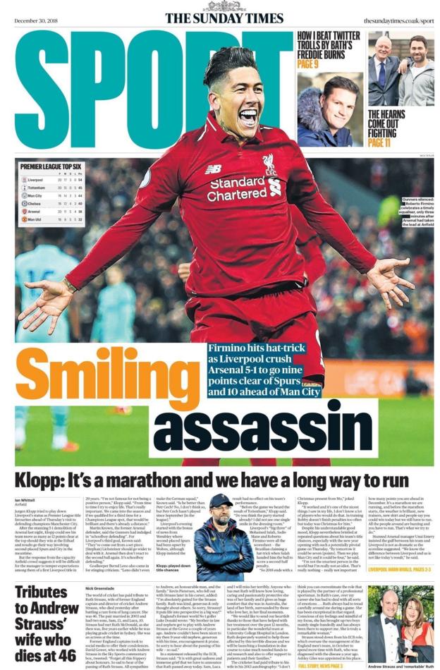 The front page of the Sunday Times sport supplement