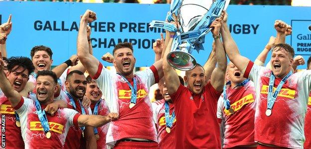 Harlequins celebrate with the Premiership trophy