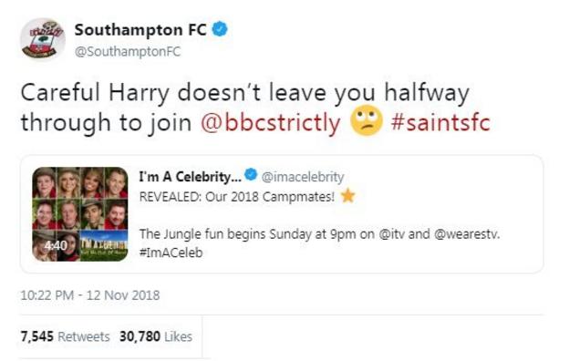 Southampton tweeted "careful harry doesn't leave you half way through to join Strictly" - in response to Harry Redknapp being on I'm a Celebrity