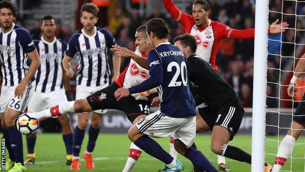 Southampton's Oriel Romeu fails to convert a chance from close range against West Brom