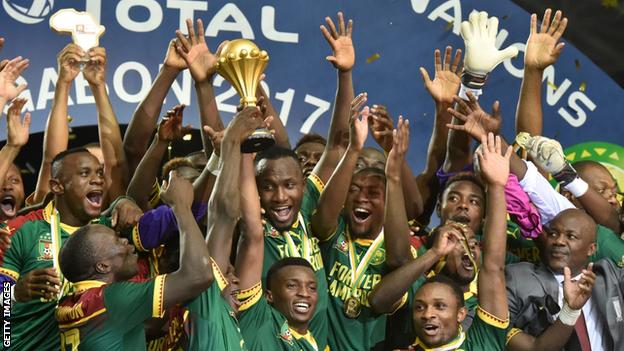 Cameroon celebrate winning the Africa Cup of Nations in 2017
