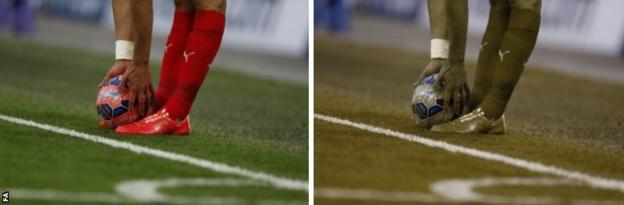 A pink ball used in an FA Cup match. It was brought in to be more visible but the second image shows how it is actually hard to pick out if you are colour blind