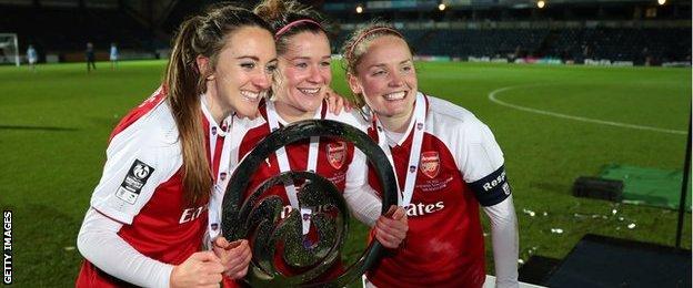 Scotland and Arsenal Women players Lisa Evans, Emma Mitchell and Kim Little