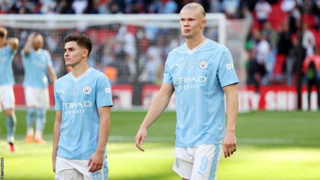 Erling Haaland looked frustrated after Manchester City lose Community Shield