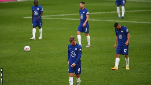 Chelsea players react to conceding a goal