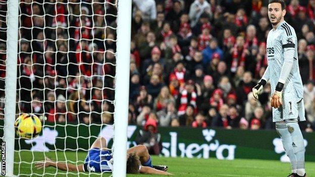 Leicester goalkeeper Danny Ward watches as the ball lands in the back of his net