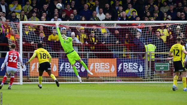 Burton Albion goalkeeper Max Crocombe makes a save in the game against Fleetwood Town