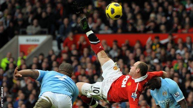 Manchester United's Wayne Rooney scores an overhead kick past Manchester City