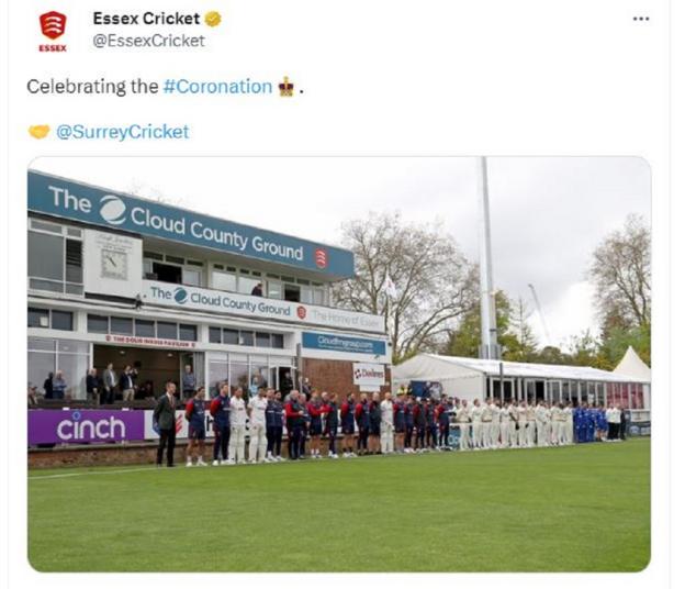 A tweet from Essex Cricket Club showing Essex and Surrey players "celebrating the coronation" before the start of their County Championship match at Chelmsford on Saturday